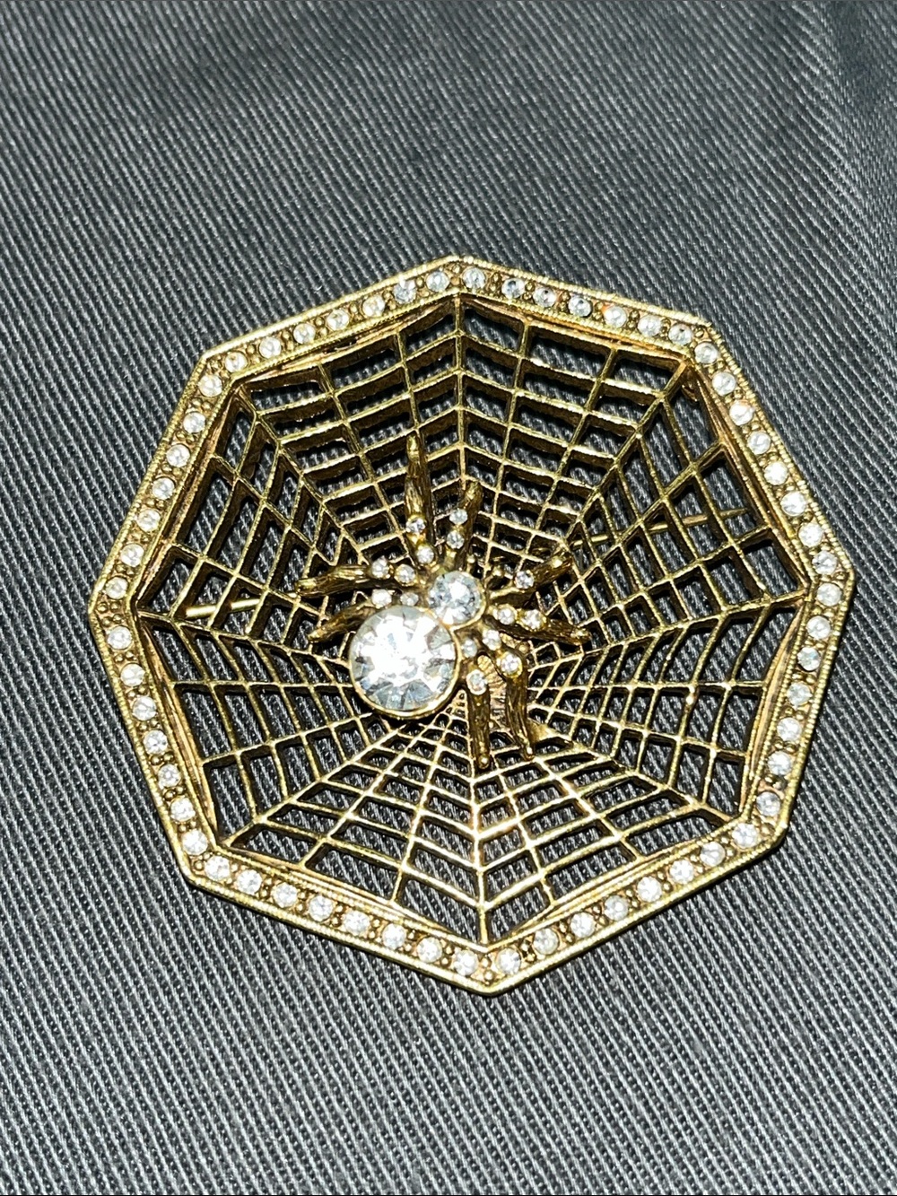 1928 Gold-Tone Spiderweb Brooch with Clear Crystals